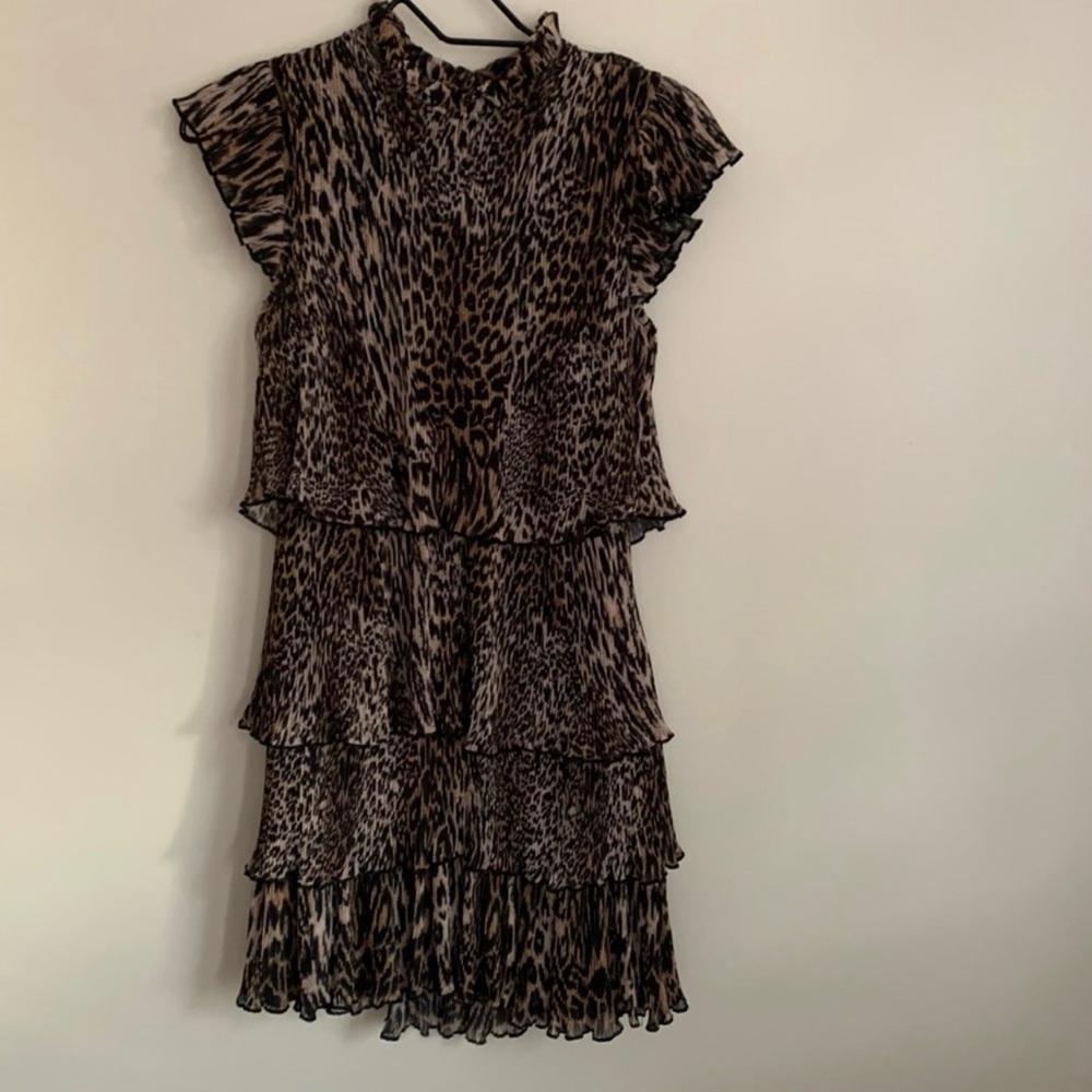 All Saints Antheia Kiku Plisse Leopard Print Dress in Honey Brown - Size 4